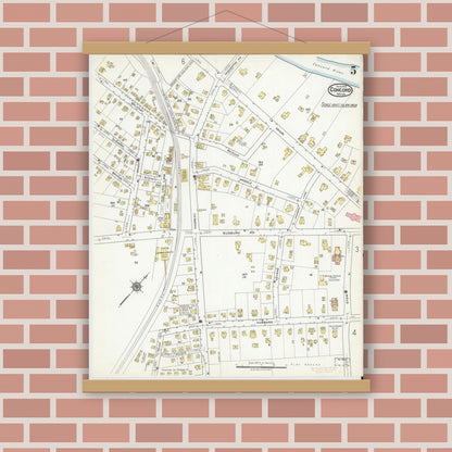 Old map wall art mockup — magnetic wood frame on brick wall — Sanborn Fire Insurance Map from Concord, Middlesex County, Massachusetts (1918), Sheet #0005