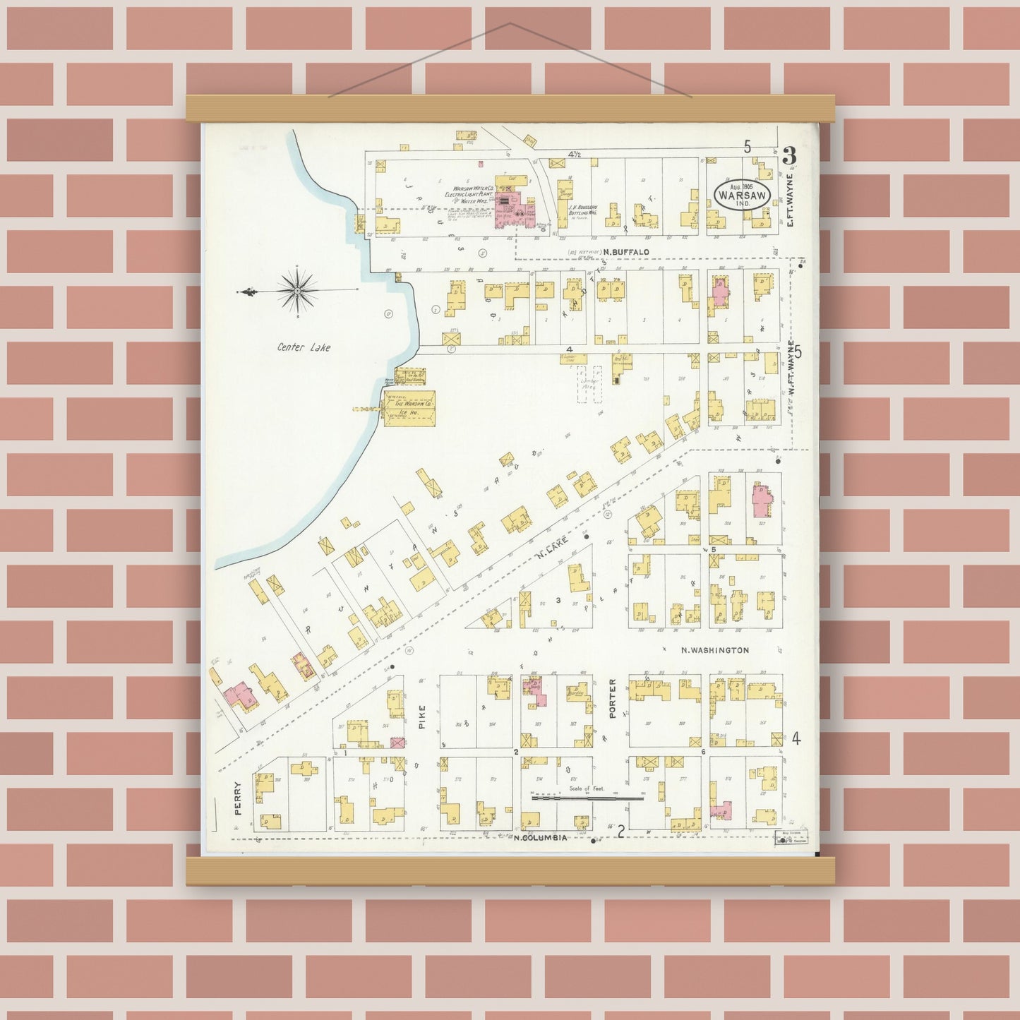 Old map wall art mockup — magnetic wood frame on brick wall — Sanborn Fire Insurance Map from Warsaw, Kosciusko County, Indiana (1905), Sheet #0003