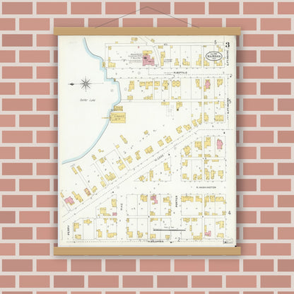 Old map wall art mockup — magnetic wood frame on brick wall — Sanborn Fire Insurance Map from Warsaw, Kosciusko County, Indiana (1905), Sheet #0003