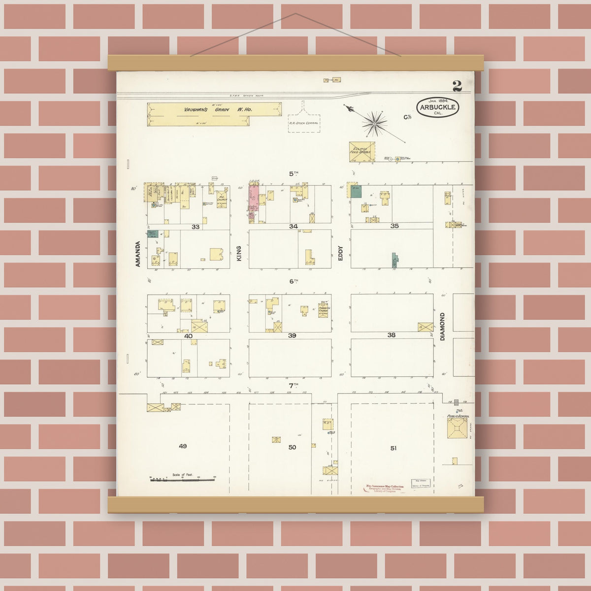 Old map wall art mockup — magnetic wood frame on brick wall — Sanborn Fire Insurance Map from Arbuckle, Colusa County, California (1894), Sheet #0002
