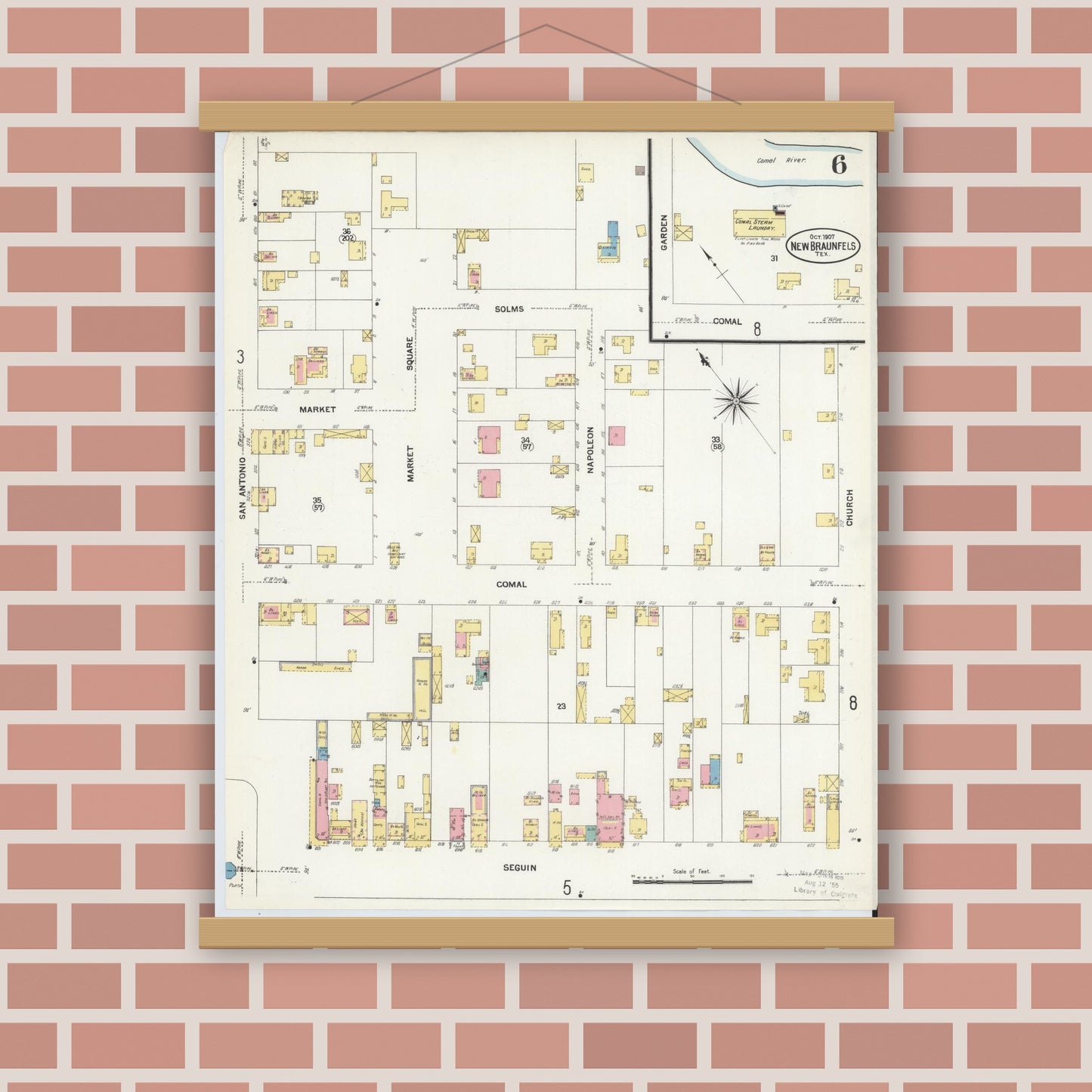 Old map wall art mockup — magnetic wood frame on brick wall — Sanborn Fire Insurance Map from New Braunfels, Comal County, Texas (1907), Sheet #0006