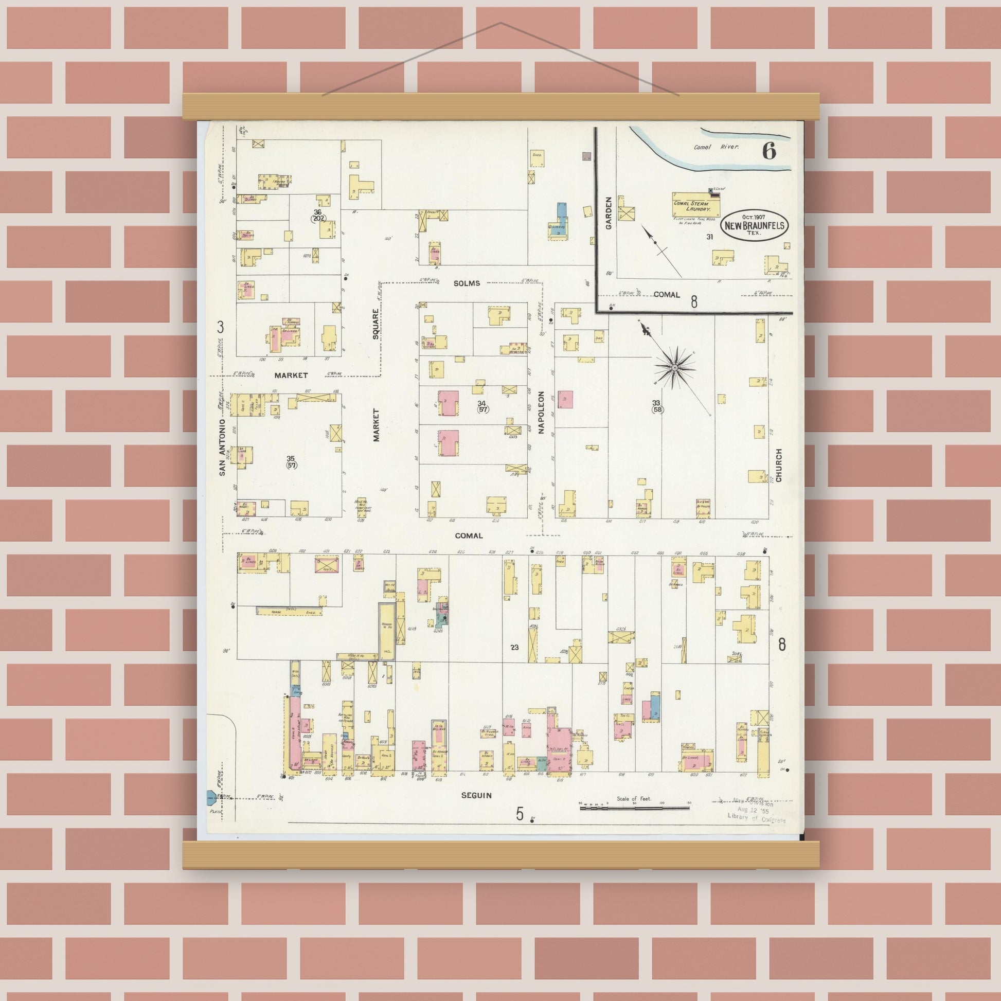 Old map wall art mockup — magnetic wood frame on brick wall — Sanborn Fire Insurance Map from New Braunfels, Comal County, Texas (1907), Sheet #0006