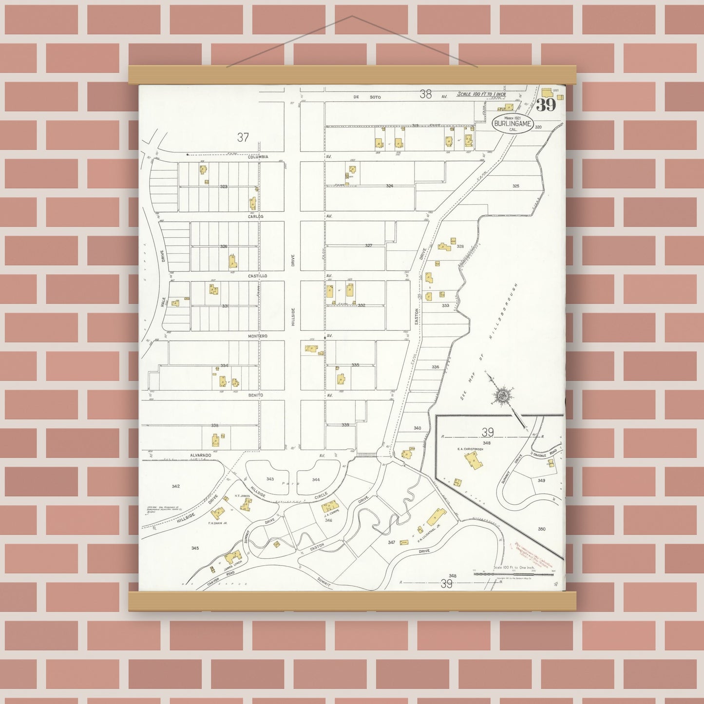Old map wall art mockup — magnetic wood frame on brick wall — Sanborn Fire Insurance Map from Burlingame, San Mateo County, California (1921), Sheet #0039