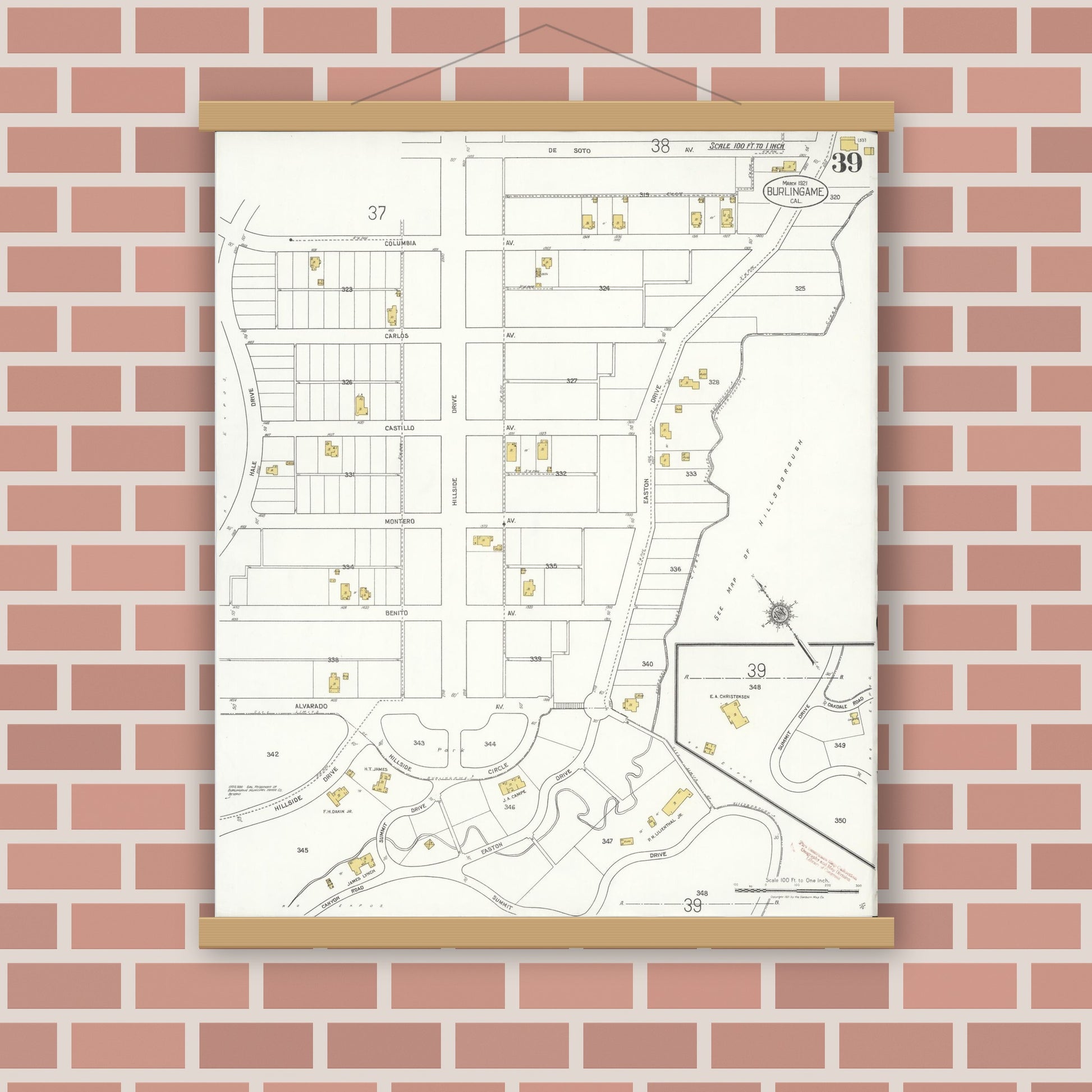 Old map wall art mockup — magnetic wood frame on brick wall — Sanborn Fire Insurance Map from Burlingame, San Mateo County, California (1921), Sheet #0039