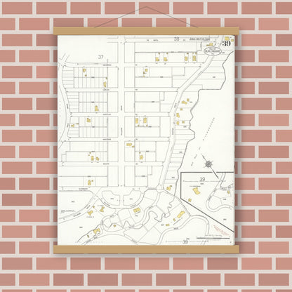 Old map wall art mockup — magnetic wood frame on brick wall — Sanborn Fire Insurance Map from Burlingame, San Mateo County, California (1921), Sheet #0039