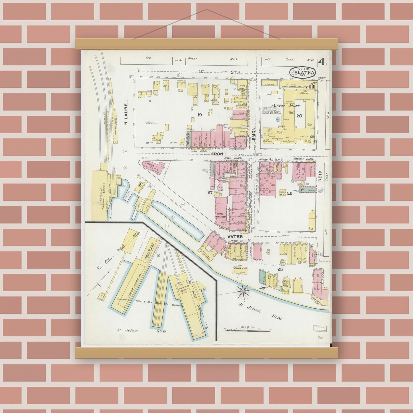 Old map wall art mockup — magnetic wood frame on brick wall — Sanborn Fire Insurance Map from Palatka, Putnam County, Florida (1892), Sheet #0004
