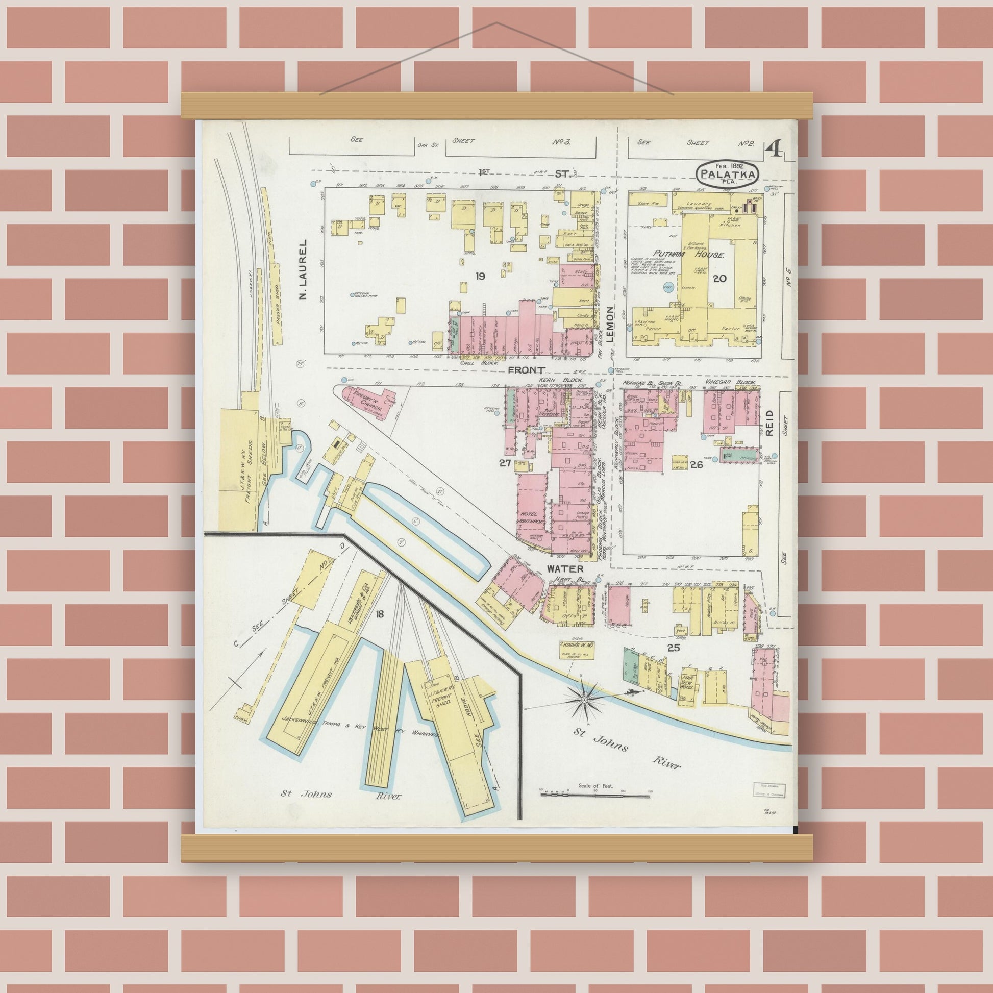 Old map wall art mockup — magnetic wood frame on brick wall — Sanborn Fire Insurance Map from Palatka, Putnam County, Florida (1892), Sheet #0004