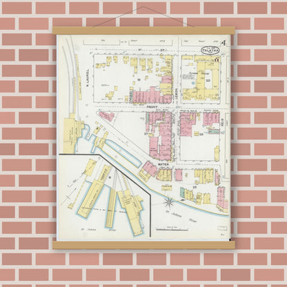 Old map wall art mockup — magnetic wood frame on brick wall — Sanborn Fire Insurance Map from Palatka, Putnam County, Florida (1892), Sheet #0004