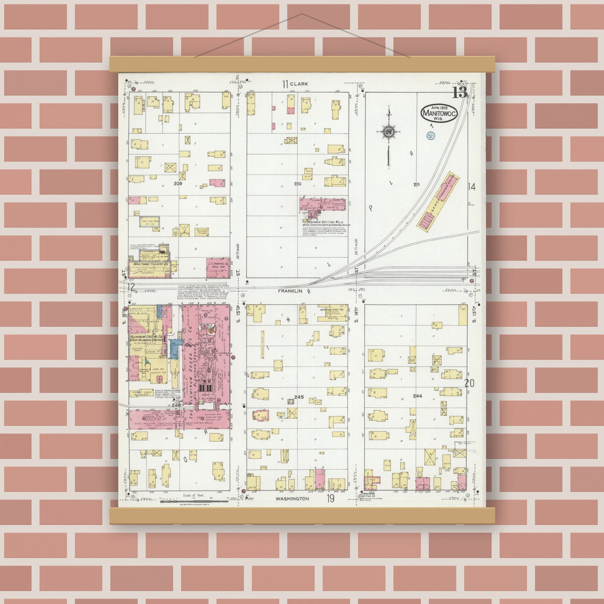 Old map wall art mockup — magnetic wood frame on brick wall — Sanborn Fire Insurance Map from Manitowoc, Manitowoc County, Wisconsin (1919), Sheet #0013