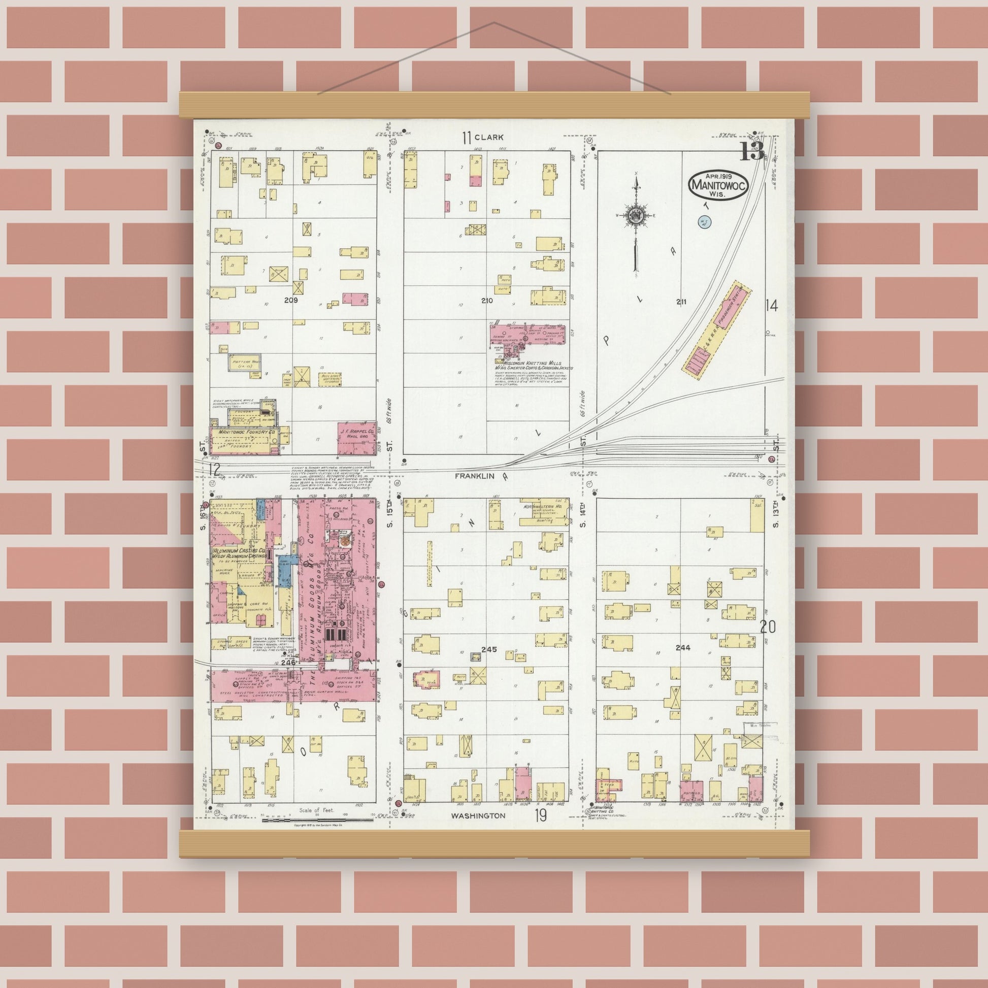 Old map wall art mockup — magnetic wood frame on brick wall — Sanborn Fire Insurance Map from Manitowoc, Manitowoc County, Wisconsin (1919), Sheet #0013