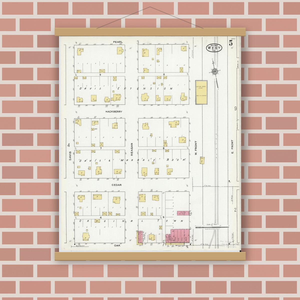 Old map wall art mockup — magnetic wood frame on brick wall — Sanborn Fire Insurance Map from West, McLennan County, Texas (1921), Sheet #0005