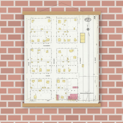 Old map wall art mockup — magnetic wood frame on brick wall — Sanborn Fire Insurance Map from West, McLennan County, Texas (1921), Sheet #0005