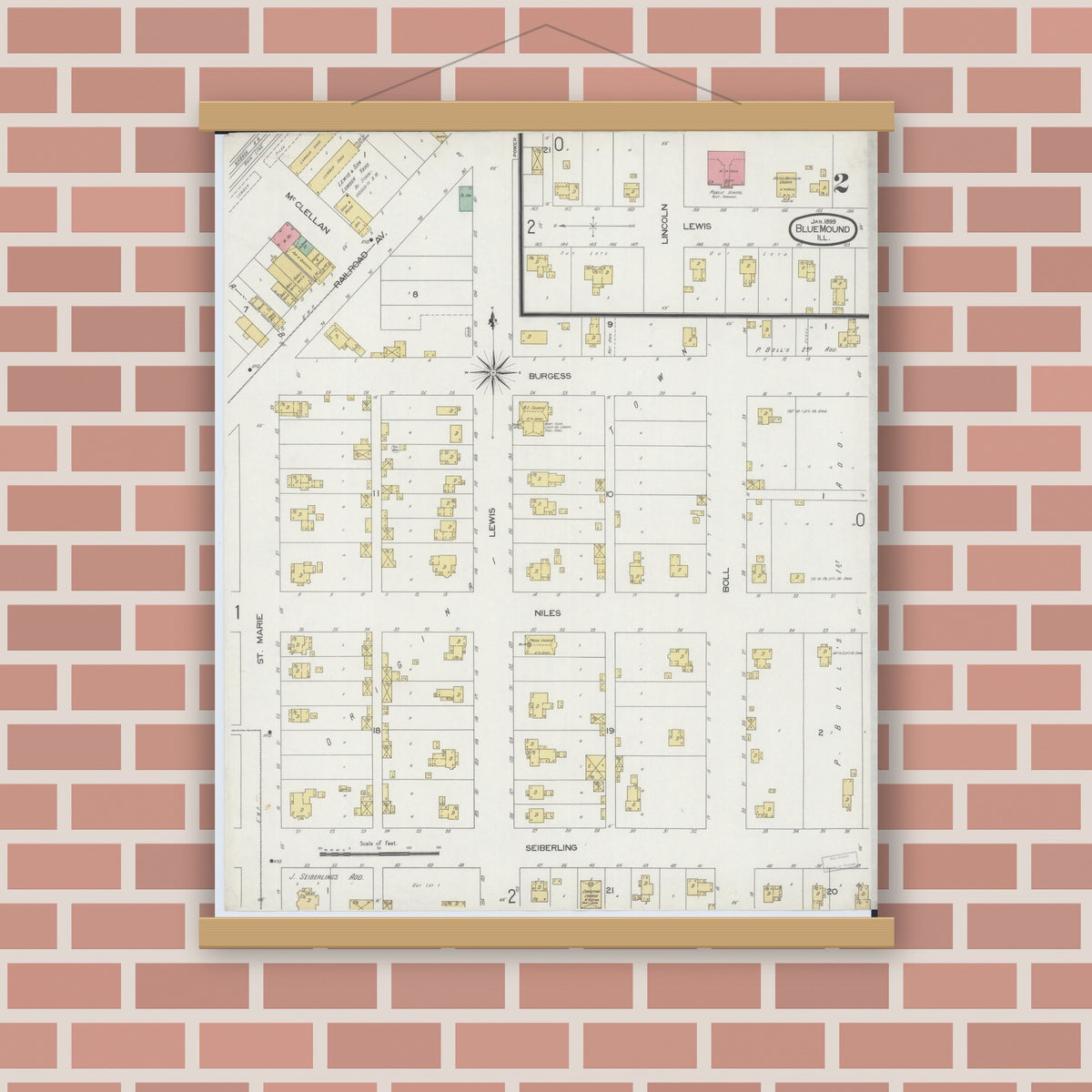Old map wall art mockup — magnetic wood frame on brick wall — Sanborn Fire Insurance Map from Blue Mound, Macon County, Illinois (1899), Sheet #0002