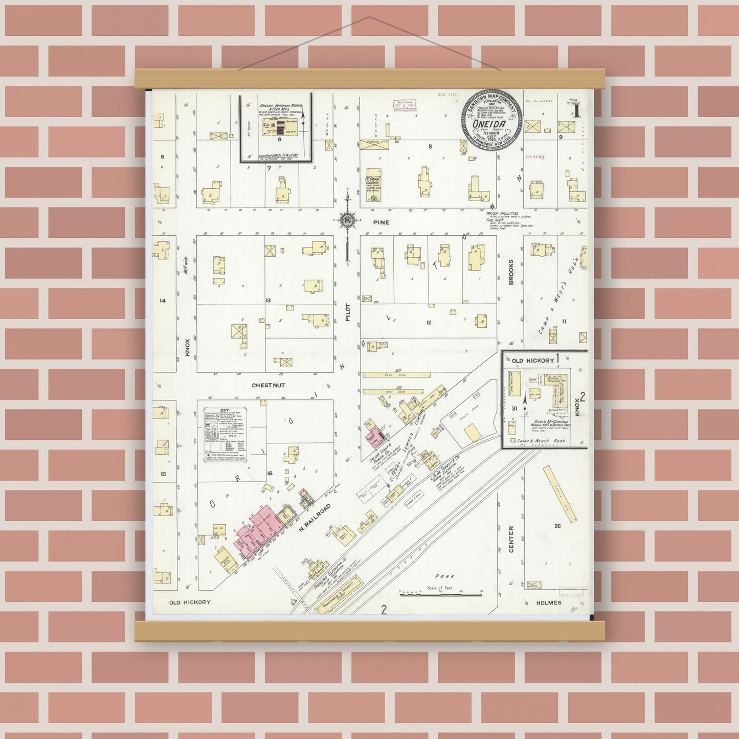 Old map wall art mockup — magnetic wood frame on brick wall — Sanborn Fire Insurance Map from Oneida, Knox County, Illinois (1910) - Complete Map Set