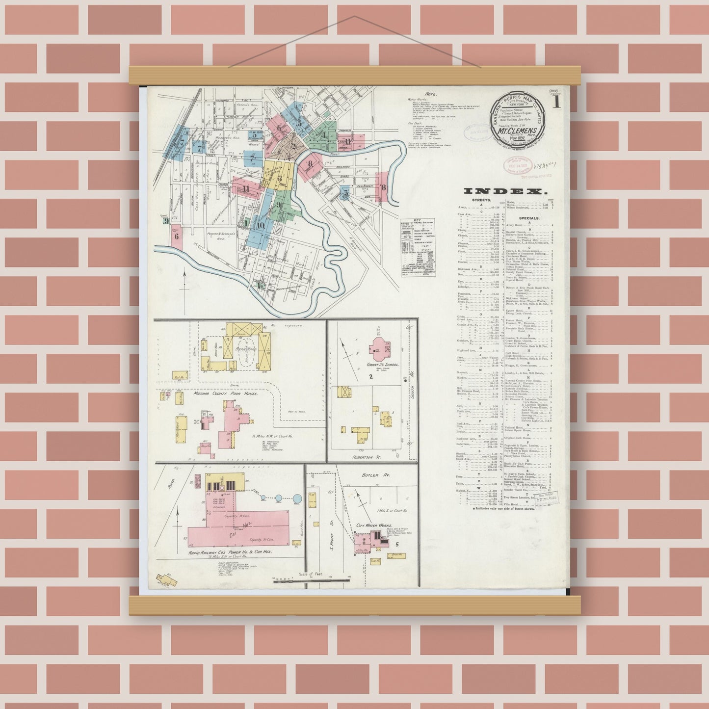 Old map wall art mockup — magnetic wood frame on brick wall — Sanborn Fire Insurance Map from Mount Clemens, Macomb County, Michigan (1897), Sheet #0001