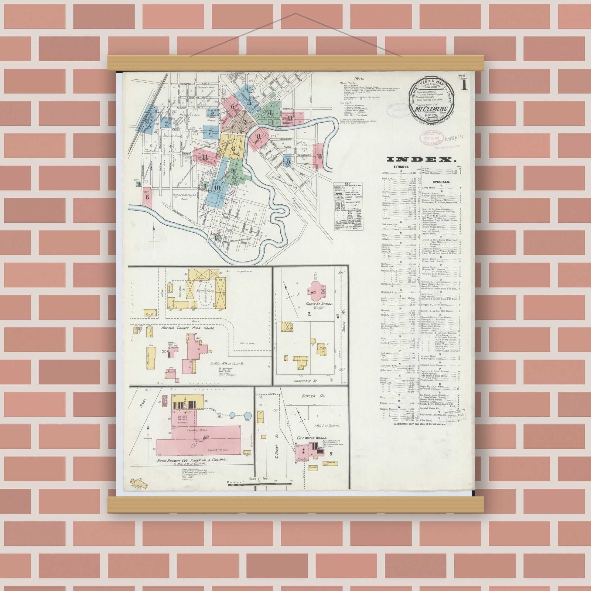 Old map wall art mockup — magnetic wood frame on brick wall — Sanborn Fire Insurance Map from Mount Clemens, Macomb County, Michigan (1897), Sheet #0001