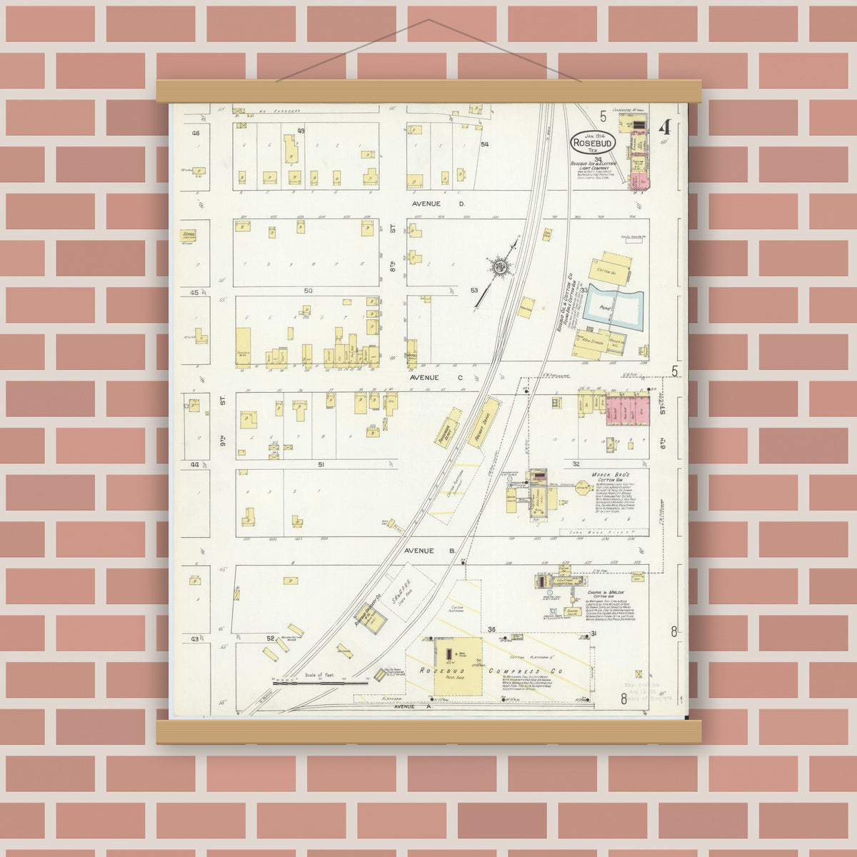 Old map wall art mockup — magnetic wood frame on brick wall — Sanborn Fire Insurance Map from Rosebud, Falls County, Texas (1914), Sheet #0004