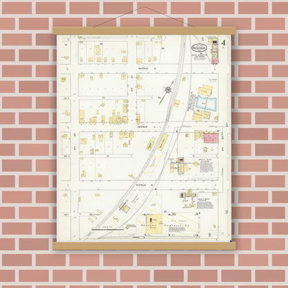 Old map wall art mockup — magnetic wood frame on brick wall — Sanborn Fire Insurance Map from Rosebud, Falls County, Texas (1914), Sheet #0004