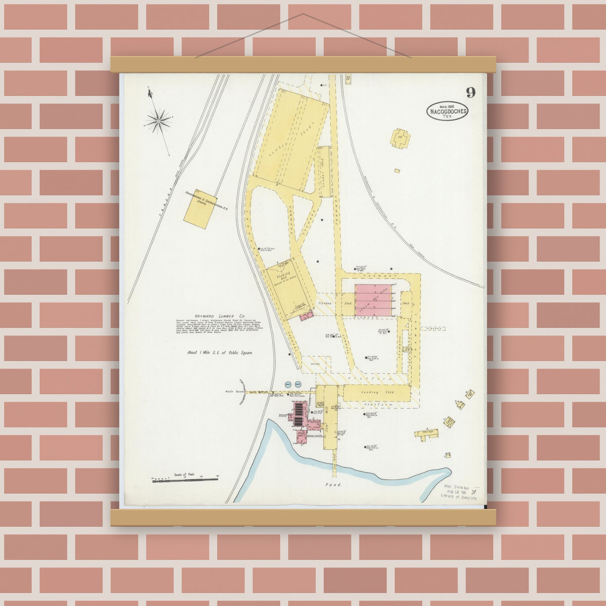 Old map wall art mockup — magnetic wood frame on brick wall — Sanborn Fire Insurance Map from Nacogdoches, Nacogdoches County, Texas (1906), Sheet #0009