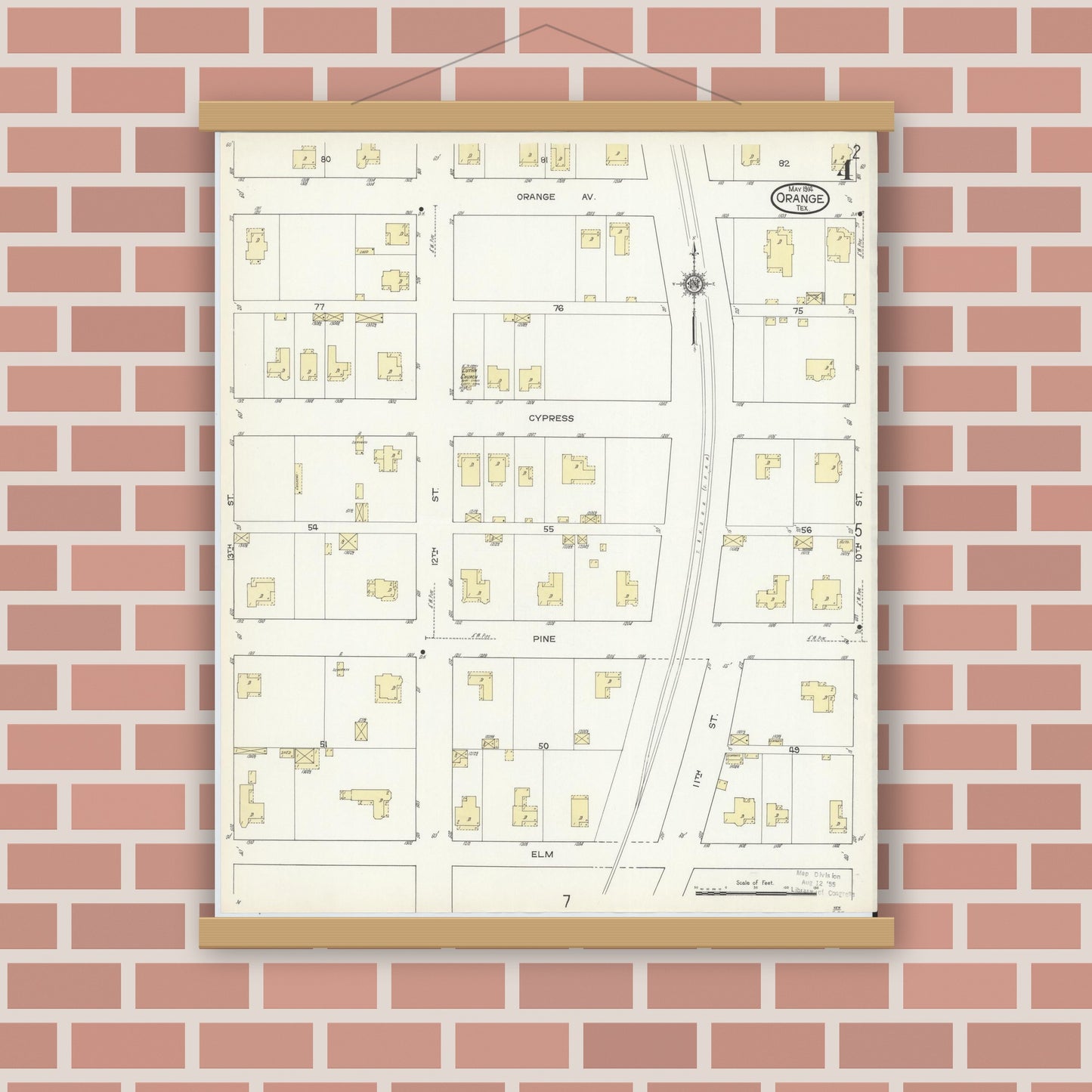 Old map wall art mockup — magnetic wood frame on brick wall — Sanborn Fire Insurance Map from Orange, Orange County, Texas (1914), Sheet #0004