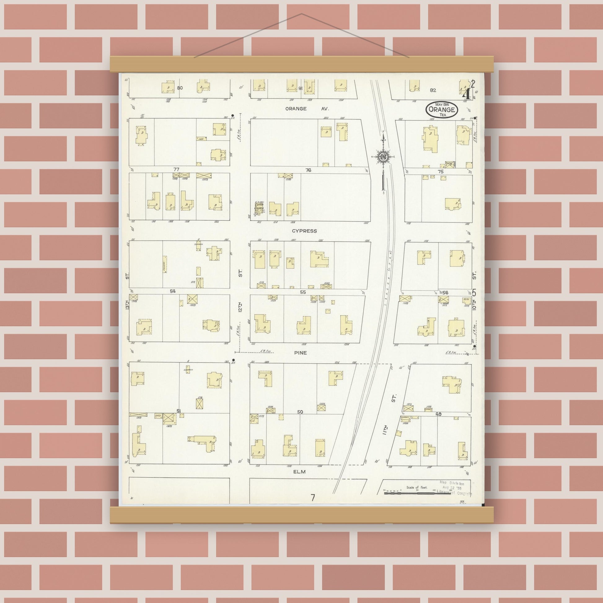 Old map wall art mockup — magnetic wood frame on brick wall — Sanborn Fire Insurance Map from Orange, Orange County, Texas (1914), Sheet #0004