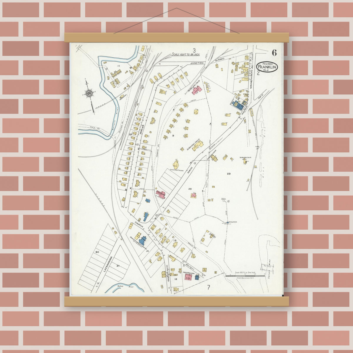 Old map wall art mockup — magnetic wood frame on brick wall — Sanborn Fire Insurance Map from Franklin, Sussex County, New Jersey (1920), Sheet #0006