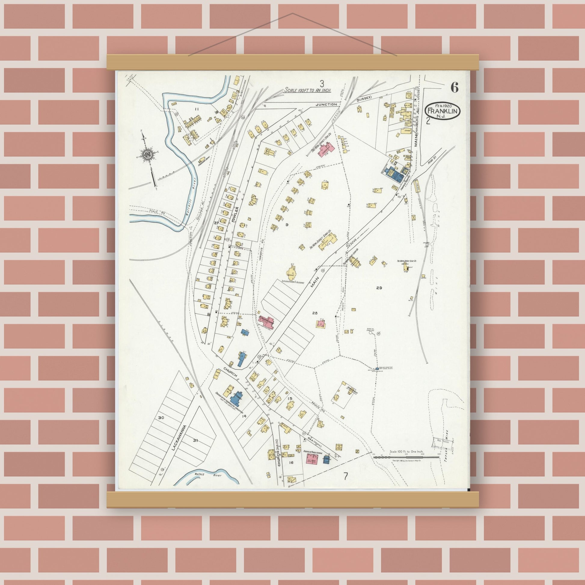Old map wall art mockup — magnetic wood frame on brick wall — Sanborn Fire Insurance Map from Franklin, Sussex County, New Jersey (1920), Sheet #0006