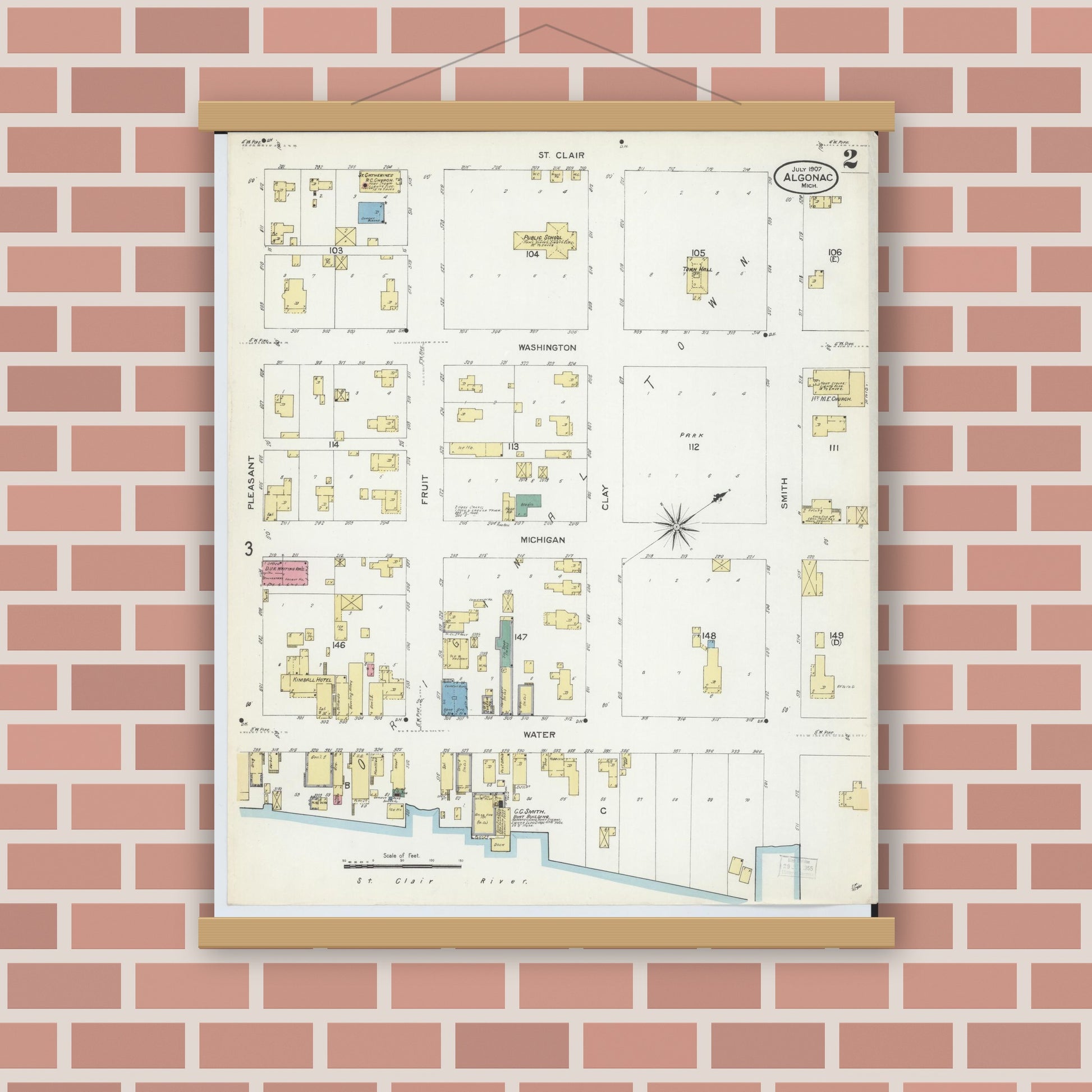 Old map wall art mockup — magnetic wood frame on brick wall — Sanborn Fire Insurance Map from Algonac, Saint Clair County, Michigan (1907), Sheet #0002