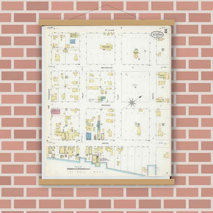 Old map wall art mockup — magnetic wood frame on brick wall — Sanborn Fire Insurance Map from Algonac, Saint Clair County, Michigan (1907), Sheet #0002