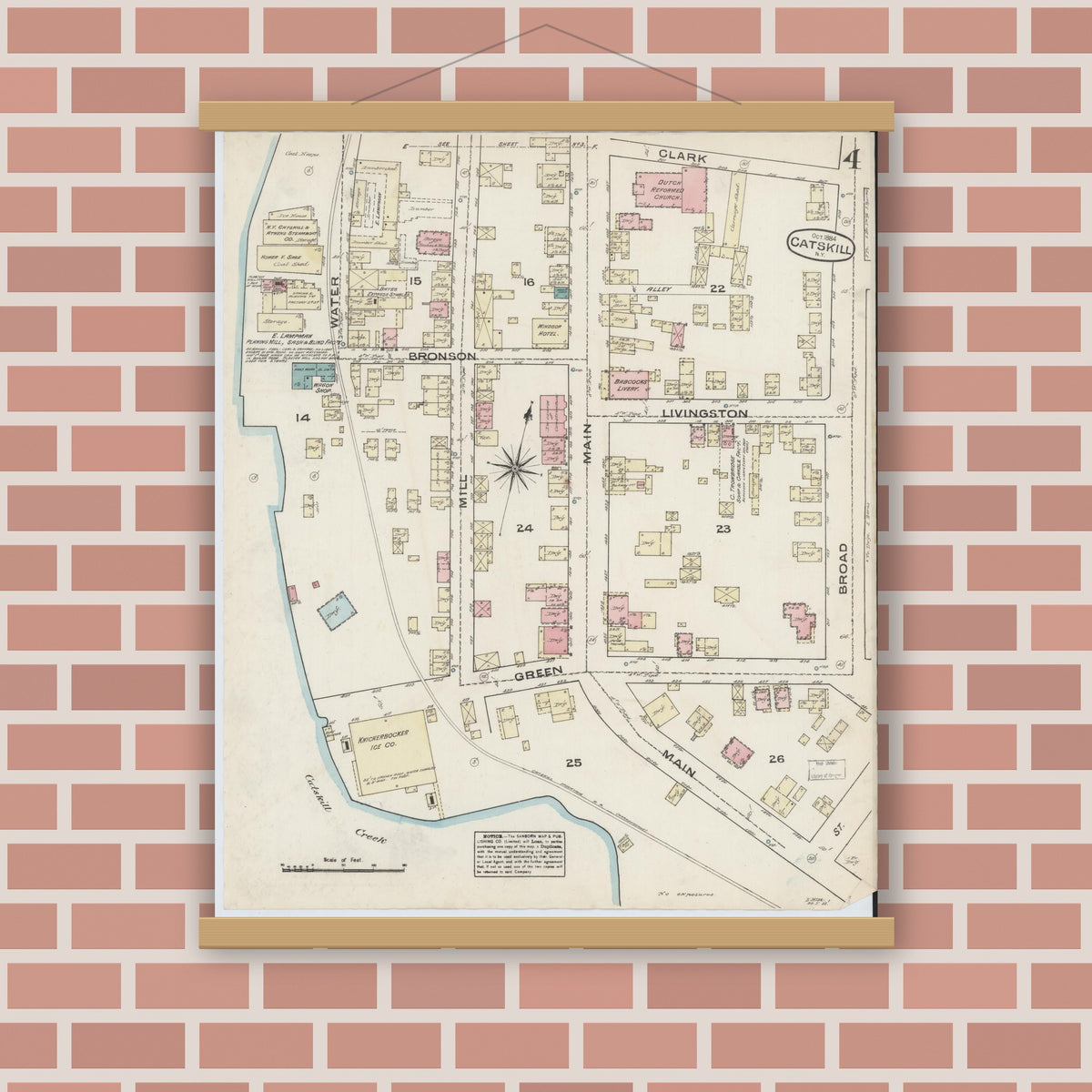 Old map wall art mockup — magnetic wood frame on brick wall — Sanborn Fire Insurance Map from Catskill, Greene County, New York (1884), Sheet #0004