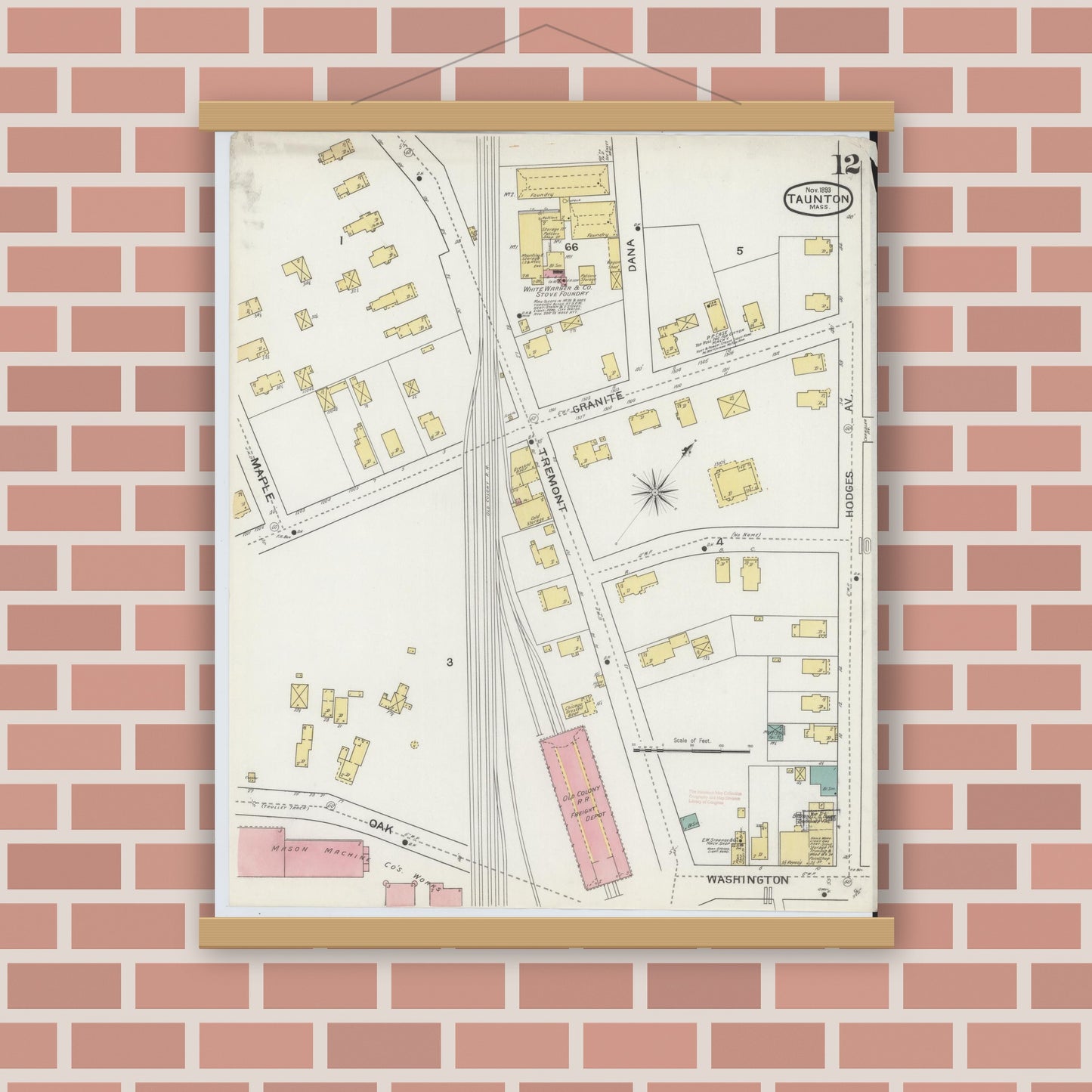 Old map wall art mockup — magnetic wood frame on brick wall — Sanborn Fire Insurance Map from Taunton, Bristol County, Massachusetts (1893), Sheet #0012