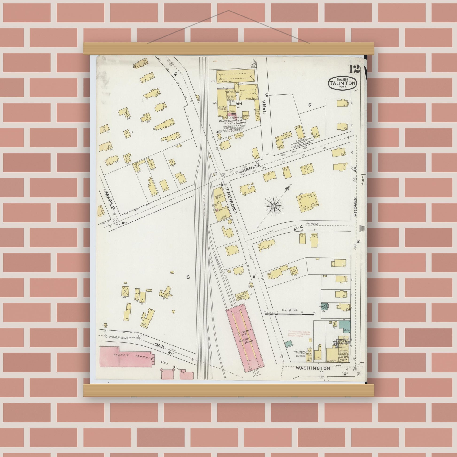 Old map wall art mockup — magnetic wood frame on brick wall — Sanborn Fire Insurance Map from Taunton, Bristol County, Massachusetts (1893), Sheet #0012