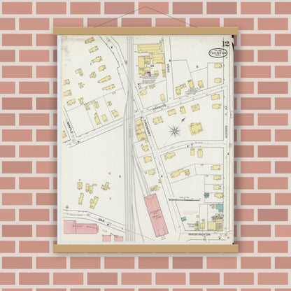 Old map wall art mockup — magnetic wood frame on brick wall — Sanborn Fire Insurance Map from Taunton, Bristol County, Massachusetts (1893), Sheet #0012