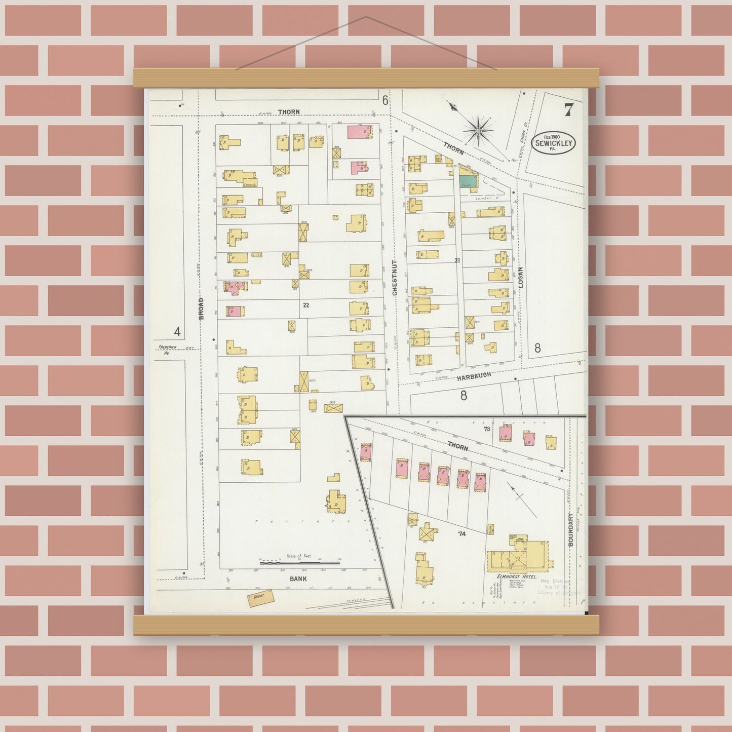 Old map wall art mockup — magnetic wood frame on brick wall — Sanborn Fire Insurance Map from Sewickley, Allegheny County, Pennsylvania (1900), Sheet #0007