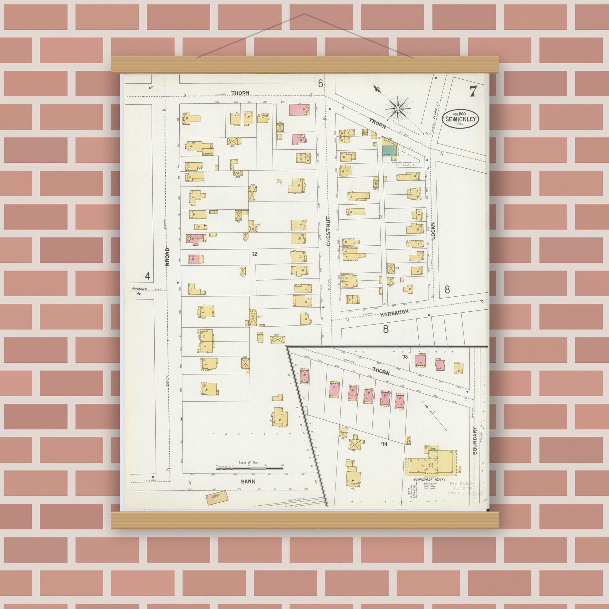Old map wall art mockup — magnetic wood frame on brick wall — Sanborn Fire Insurance Map from Sewickley, Allegheny County, Pennsylvania (1900), Sheet #0007