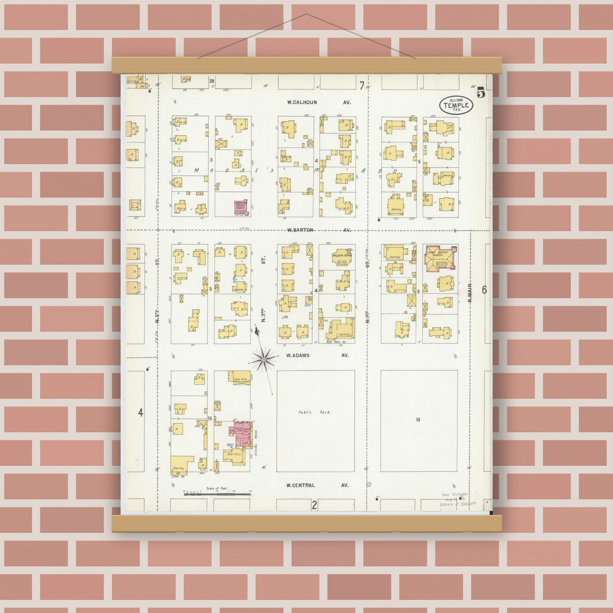 Old map wall art mockup — magnetic wood frame on brick wall — Sanborn Fire Insurance Map from Temple, Bell County, Texas (1900), Sheet #0005