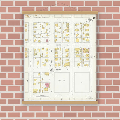 Old map wall art mockup — magnetic wood frame on brick wall — Sanborn Fire Insurance Map from Temple, Bell County, Texas (1900), Sheet #0005