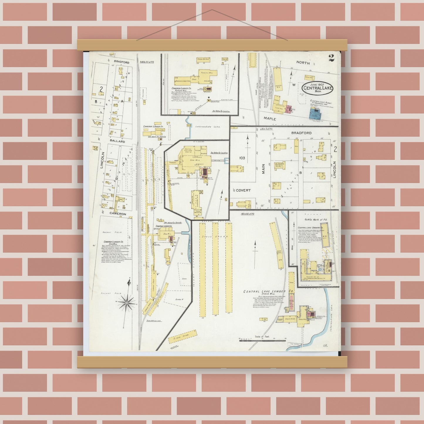 Old map wall art mockup — magnetic wood frame on brick wall — Sanborn Fire Insurance Map from Central Lake, Antrim County, Michigan (1907), Sheet #0002