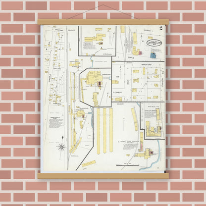 Old map wall art mockup — magnetic wood frame on brick wall — Sanborn Fire Insurance Map from Central Lake, Antrim County, Michigan (1907), Sheet #0002