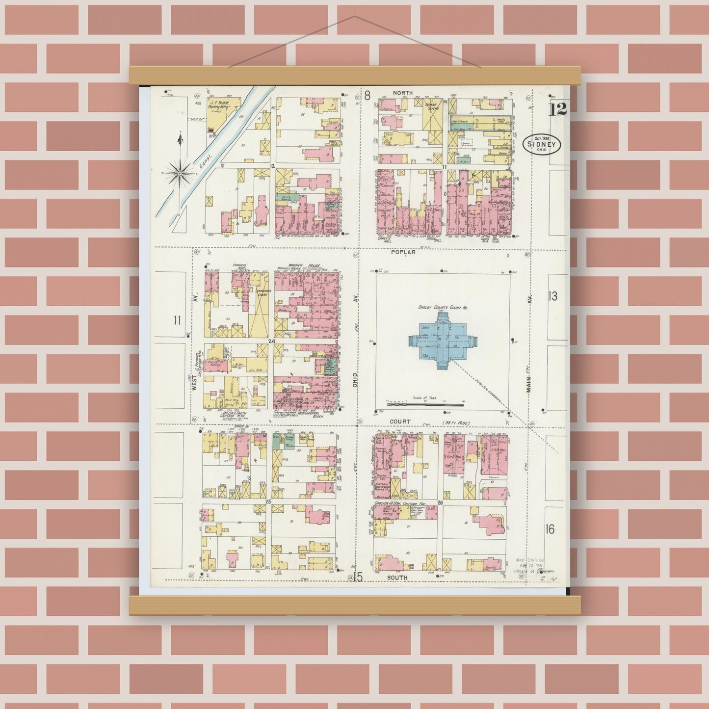 Old map wall art mockup — magnetic wood frame on brick wall — Sanborn Fire Insurance Map from Sidney, Shelby County, Ohio (1898), Sheet #0012