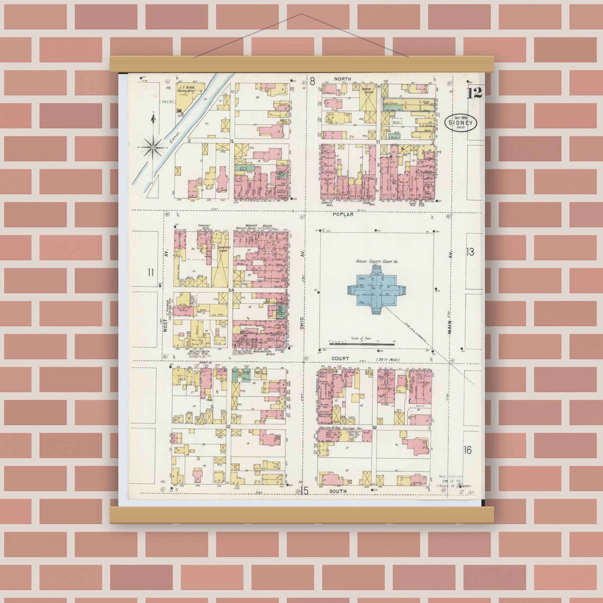 Old map wall art mockup — magnetic wood frame on brick wall — Sanborn Fire Insurance Map from Sidney, Shelby County, Ohio (1898), Sheet #0012