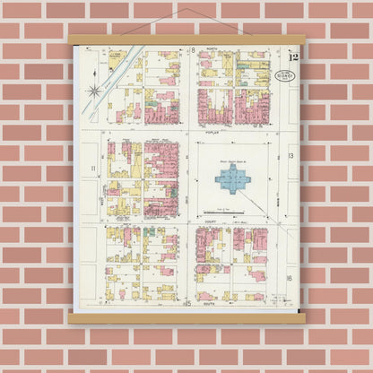 Old map wall art mockup — magnetic wood frame on brick wall — Sanborn Fire Insurance Map from Sidney, Shelby County, Ohio (1898), Sheet #0012