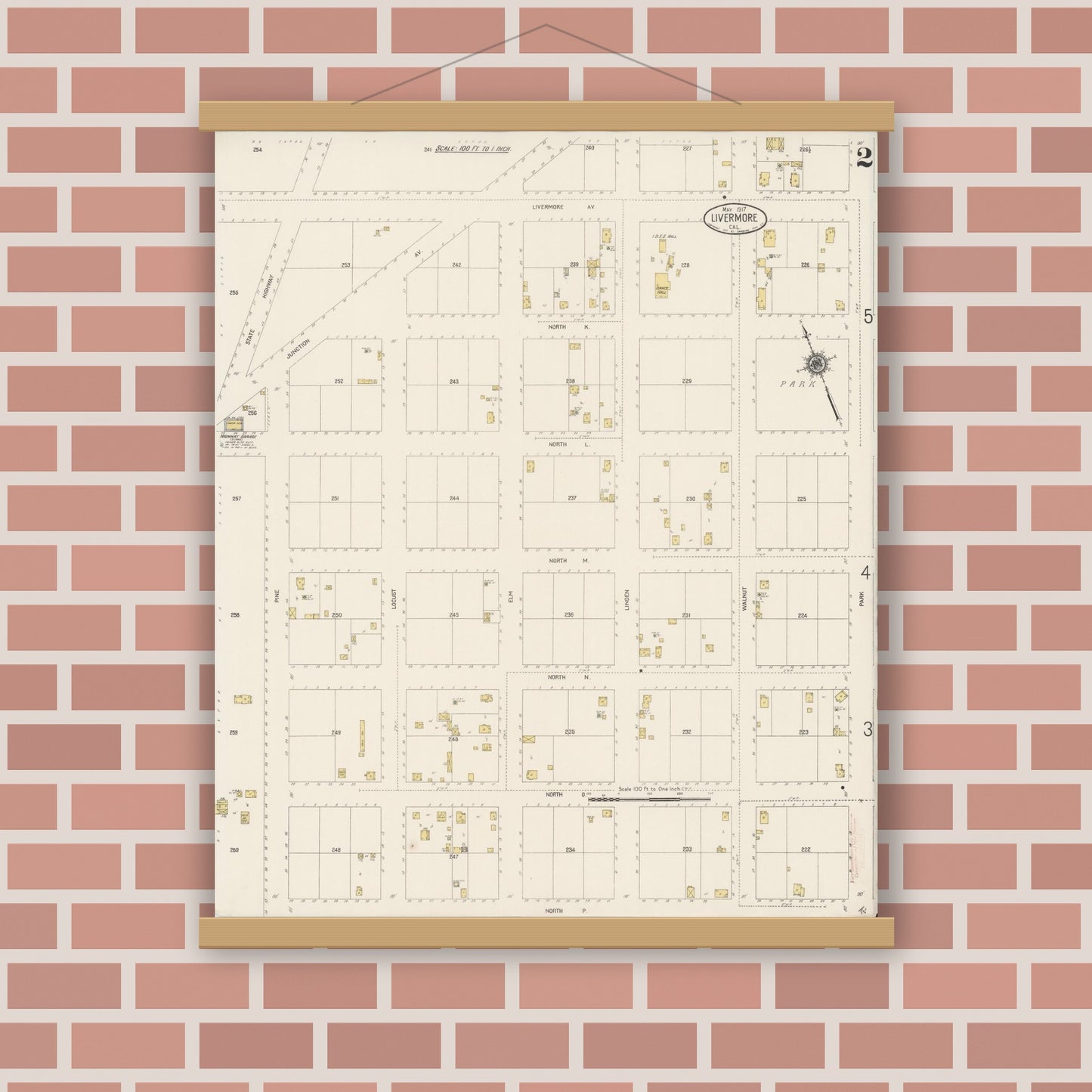 Old map wall art mockup — magnetic wood frame on brick wall — Sanborn Fire Insurance Map from Livermore, Alameda County, California (1917), Sheet #0002