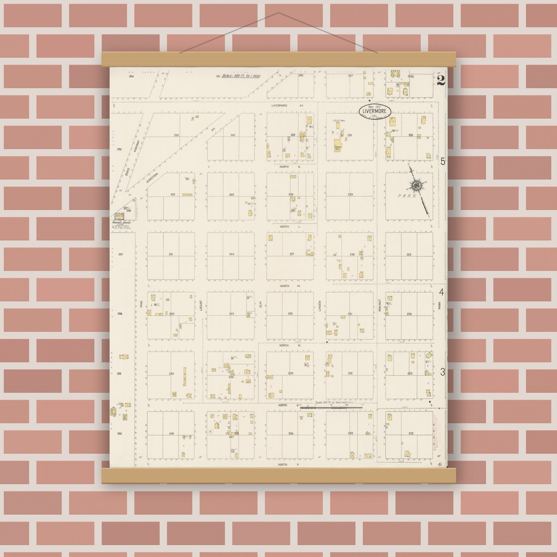Old map wall art mockup — magnetic wood frame on brick wall — Sanborn Fire Insurance Map from Livermore, Alameda County, California (1917), Sheet #0002