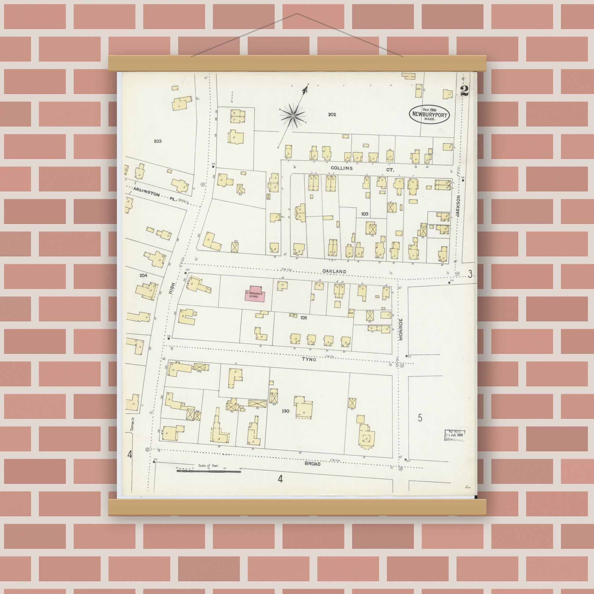 Old map wall art mockup — magnetic wood frame on brick wall — Sanborn Fire Insurance Map from Newburyport, Essex County, Massachusetts (1906), Sheet #0002