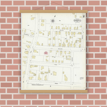Old map wall art mockup — magnetic wood frame on brick wall — Sanborn Fire Insurance Map from Newburyport, Essex County, Massachusetts (1906), Sheet #0002