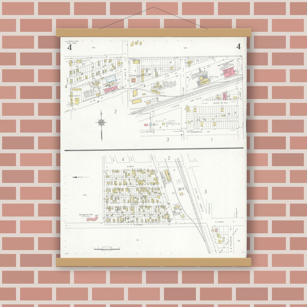 Old map wall art mockup — magnetic wood frame on brick wall — Sanborn Fire Insurance Map from La Feria, Cameron County, Texas (1936), Sheet #0004