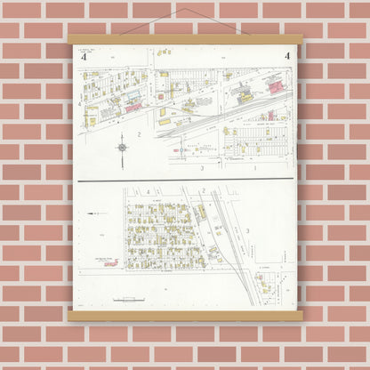 Old map wall art mockup — magnetic wood frame on brick wall — Sanborn Fire Insurance Map from La Feria, Cameron County, Texas (1936), Sheet #0004