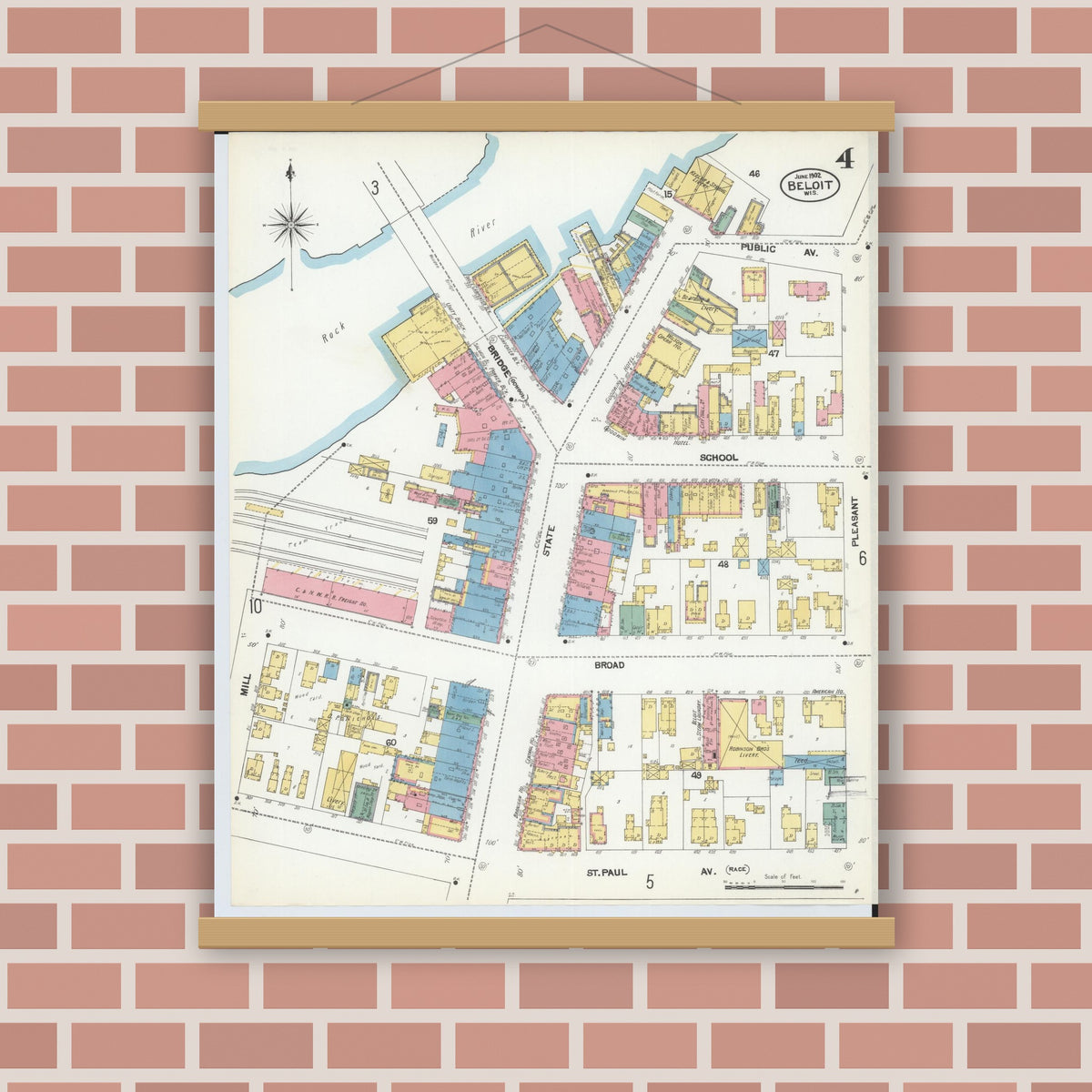 Old map wall art mockup — magnetic wood frame on brick wall — Sanborn Fire Insurance Map from Beloit, Rock County, Wisconsin (1902), Sheet #0004