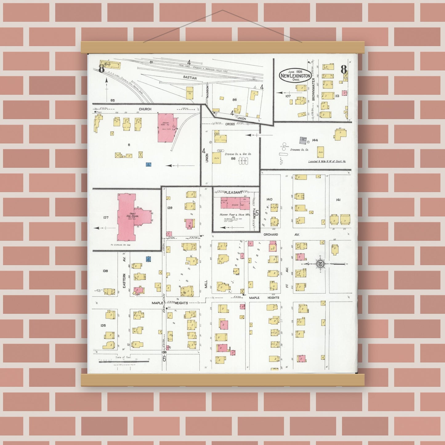 Old map wall art mockup — magnetic wood frame on brick wall — Sanborn Fire Insurance Map from New Lexington, Perry County, Ohio (1926), Sheet #0008